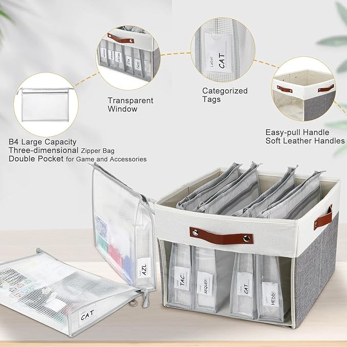 Large Board Game Storage Box with 6pcs Double-Layer B4 Zipper Bags, Board Game Organizer with Clear Window and DIY Label,Game Storage Containers for Office Supplies,Puzzles,Building Blocks,Craft