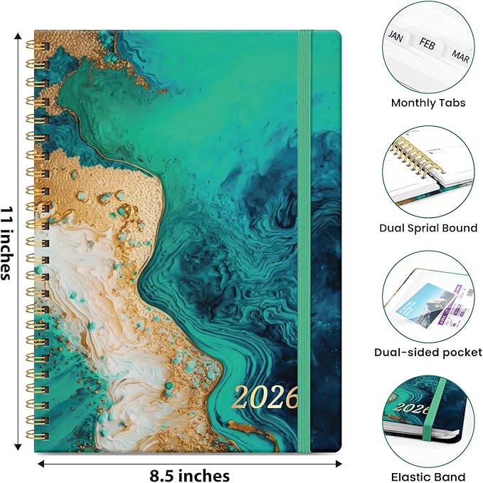 2026 Planner, Weekly and Monthly Planner for Women, January 2026 - December 2026, Hardcover 2026 Calendar Planner Book with Tabs, Inner Pocket, Spiral Bound, Perfect for Office Home School Supplies - A4 (8.5" x 11"), Coastline