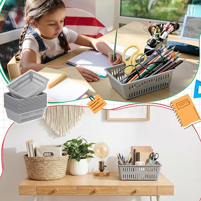 Sherr 36 Pack Classroom Storage Basket Small Plastic Basket for Organizing Crayon Pencil Container Storage Bin Tray Holder for Paper Shelf Back to School Office Supply 6.1" l x 4.3" w x 2.4" h(Gray)