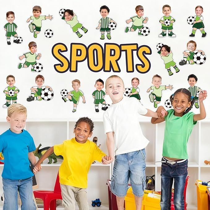Whaline 50 Pcs Soccer Ball DIY Cutouts Sports Ball Cut-Outs Soccer Player Paper Cutting with 100 Pcs Glue Points for Crafts Birthday Party Classroom Bulletin Board Photo