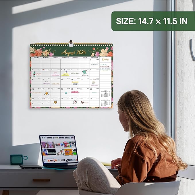 Calendar 2026-2027, Monthly Wall Calendar from April 2026 to December 2027, 11.5" x 14.7", Spiral Binding Hanging Wall Calendar, Perfect for Home or Office,Floral