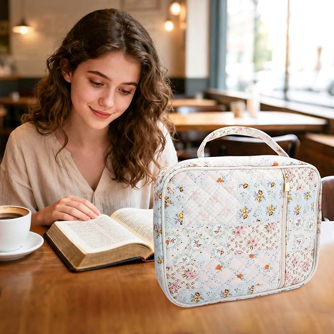 Zkptops Bible Cover Case for Women Girls Large Bible Bag Cotton Quilted Floral Bible Carrying Case with Zipper Pocket and Handle Christian Carrying Book Cover for Christian Study Supplies Accessories