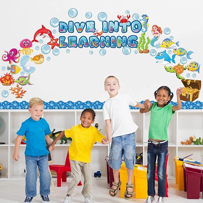 Pajean 83 Pieces Ocean Beach Theme Classroom Bulletin Board Decoration Sets Dive into Learning Sea Animal Jeweled Fish Treasure Box Cutouts for Under The Summer Classroom Wall Decor