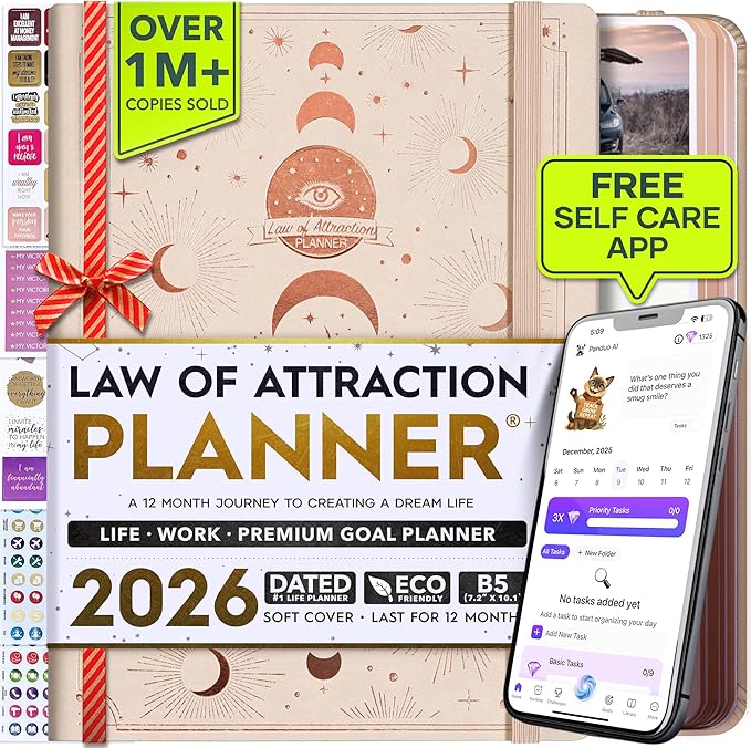 Deluxe 2026 Planner Weekly and Monthly | Law of Attraction Planner with Productivity App | 12-Month for Productivity, Gratitude & Goal Setting | Includes Foldable Vision Board, Gift Box & Stickers