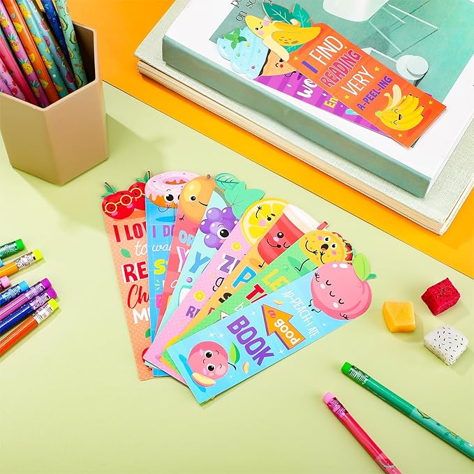 Teling 60 Pcs Inspirational Scented Pencils and Scented Bookmarks Sets Funny Pencils with Eraser Fruit Theme Bookmarks Cute Stationery Bulk for Reading Rewards Party Favors