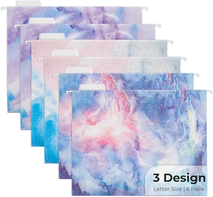 Y YOMA 6 Pack Decorative Hanging File Folders Letter Size Marble Cute Hanging Folder Pretty File Folder Organizer for Filing Cabinet Office Home with 1/5-Cut Adjustable Tabs, 3 Pink Nebula Design