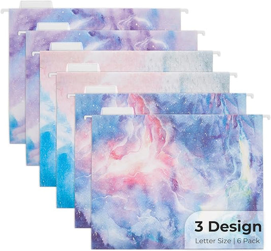 Y YOMA 6 Pack Decorative Hanging File Folders Letter Size Marble Cute Hanging Folder Pretty File Folder Organizer for Filing Cabinet Office Home with 1/5-Cut Adjustable Tabs, 3 Pink Nebula Design