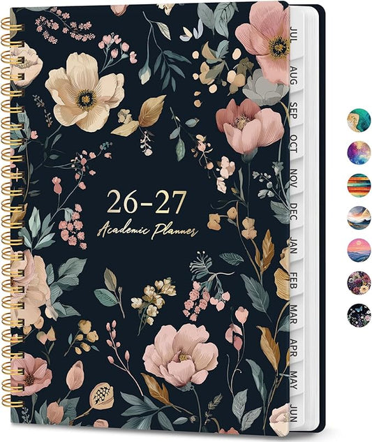 Academic Planner 2026-2027, Weekly and Monthly Calendar Book, July 2026 – June 2027, Hardcover Planner with Tabs, Perfect for Teachers, Students, Women & Men, A5 (6.4" x 8.5") - Evening Petals