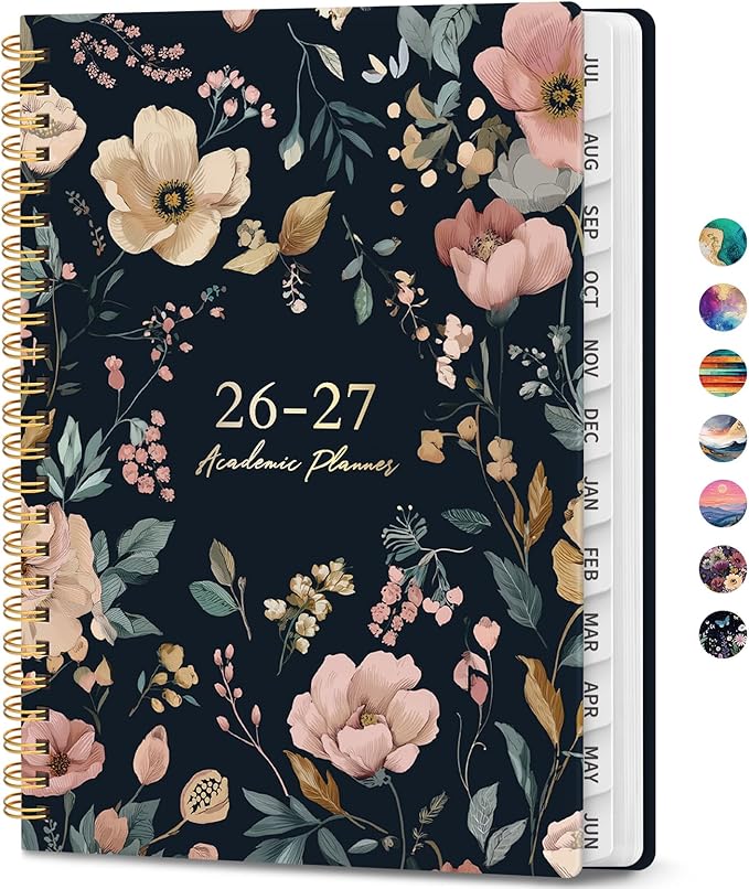 Academic Planner 2026-2027, Weekly and Monthly Calendar Book, July 2026 – June 2027, Hardcover Planner with Tabs, Perfect for Teachers, Students, Women & Men, A4 (8.5" x 11") - Evening Petals