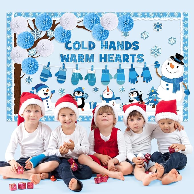 Gilprop 127 Pcs Winter Bulletin Board Set 3D Winter Tree Bulletin Board Decorations with Paper Pom Poms Snowman Penguin Snowflake Gloves Cold Hands Warm Hearts Cutouts for School Classroom Supplies