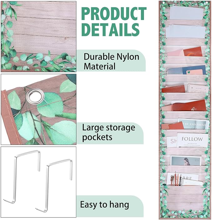 MotiMind 10 Pockets Wall Hanging File Folders File Storage Pocket Chart for Classroom Hanging Wall Organizer with 2 over the Door Hangers, 58" x 14" for School Classroom Office Home(Farmhouse)