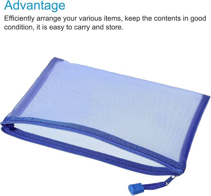 MECCANIXITY Mesh Zipper Bags, A5 Nylon Zip Pouch Pencil Case Storage Pockets for Travel Office Accessories, Blue Pack of 6