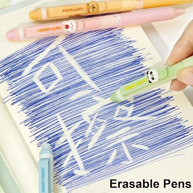 MOZXIRZ 4 Pcs Erasable Gel Pens Cute Retractable Pens Cartoon Animal Erasable Pen 0.5mm Black Ink Kawaii Writing Pen for Women Office School Supplies (Animal-Black Ink)