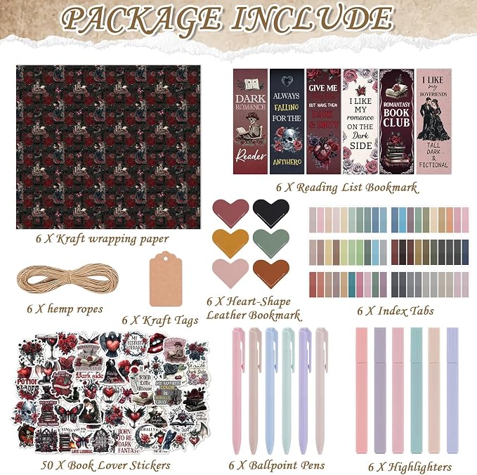 Blind Date with a Book Gift Box - Hamdwerk 6 Set Dark Romance Blind Book Date Gift Supplies Includes Kraft Paper Tags Bookmark Pens Stickers for Women Books Lover Club Librarian Bookish Reader Gifts