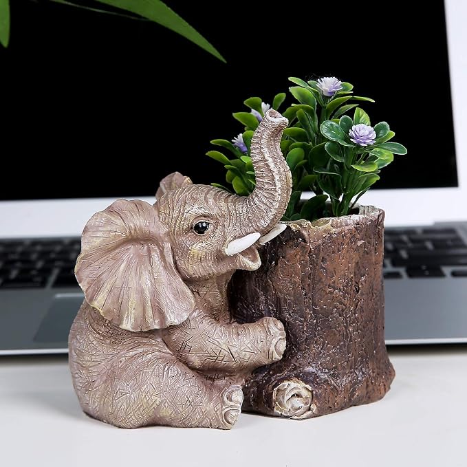 Hodao Resin Elephant Pen Holder, Cute Elephant Desk Organizer, Creative Animal Pen Cup for Office Desk Decor, Graduation Present, Gifts for Teacher Women Men Elephant Lovers