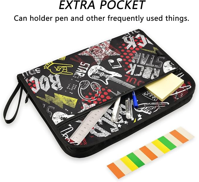 Grunge Rock Music Guitar File Folders,Plastic Folders with 13 Pockets,Expandable File Folder for Documents School Students Office,Aesthetic Folder with Labels A4 Letter Size