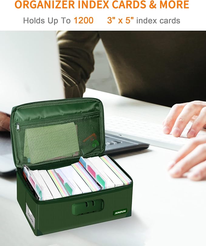 JUNDUN Index Card Holder with Lock,Collapsible Fireproof Index Card Box fits 1200 3x5-Inch Flash Cards - Business, Recipe, or Note Card Storage Boxes - Green