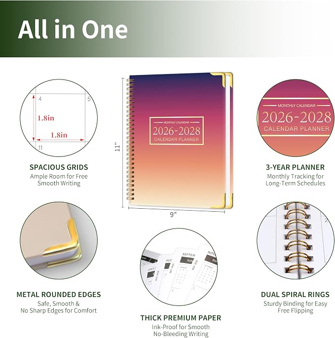 Monthly Planner 2026-2028, Hardcover 3 year calendar 2026-2027-2028 Calendar Book from Jan 2026 - Dec 2028, 9“ x 11”, Spiral Bound,Organizer for Office, School, and Home, Sunset