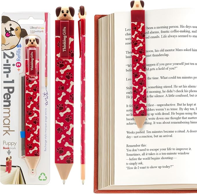 Gifts for Readers & Writers Pen Bookmark, Page Marker & Flat Writing Pen for Journal Notebook & Planner, Penmark Reading Accessory for Making Book Annotations (Puppy)