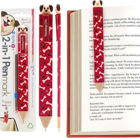 Gifts for Readers & Writers Pen Bookmark, Page Marker & Flat Writing Pen for Journal Notebook & Planner, Penmark Reading Accessory for Making Book Annotations (Puppy)