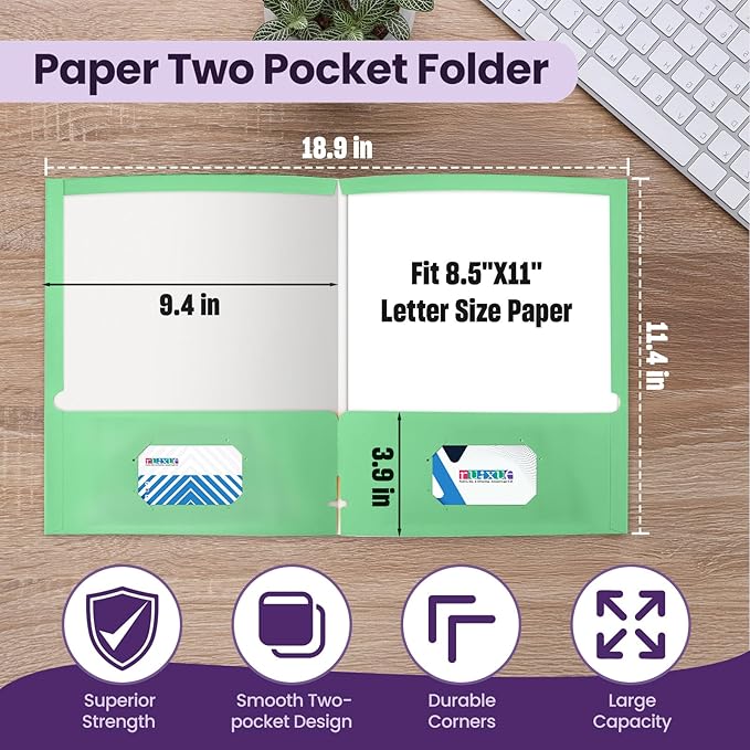 BIBRADAA® 50 Packs Green 2 Pocket Folders,Paper Folders with Pockets Surface with Waterproofing,Letter Size,Holds 100 Plus Sheets,for School,Office,Business. (50, Green)