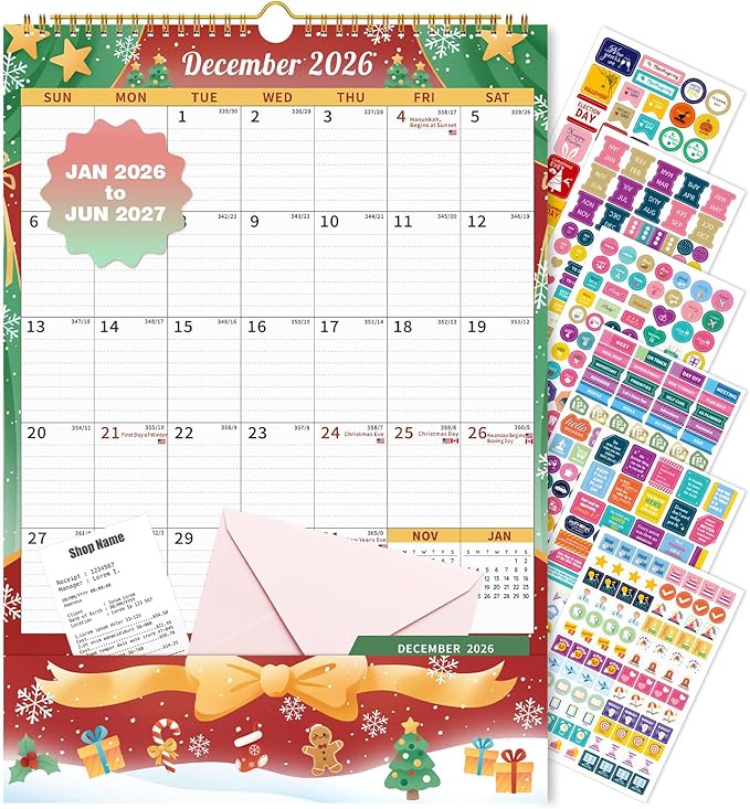Ospelelf Wall Calendar 2026-2027 with Storage Pocket, 17" X 12" Monthly Large Planner with Protective Cover and Sticker, for Family Fridge Office Teacher Student, January 2026 to June 2027 Season