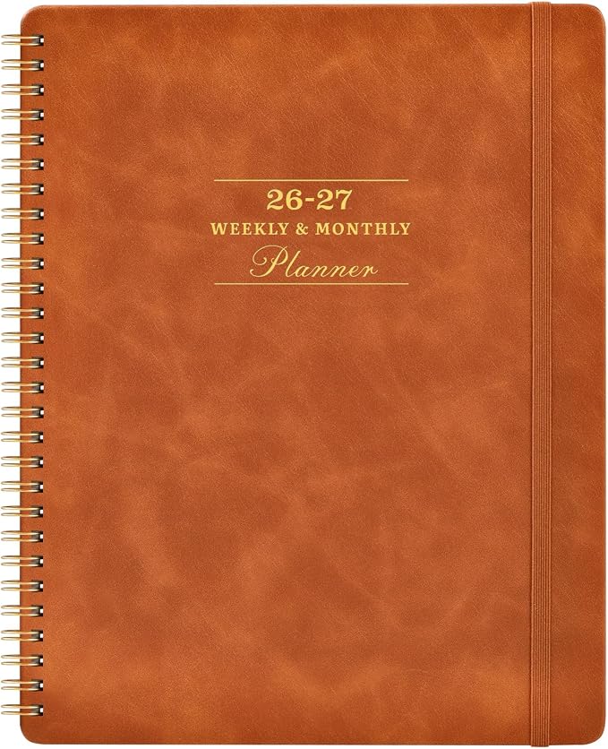 Planner 2026-2027 - July 2026 - June 2027, 2026-2027 Academic Weekly Monthly Planner, 8" x 10", Leather Brown Cover, Spiral Bound, Tabs
