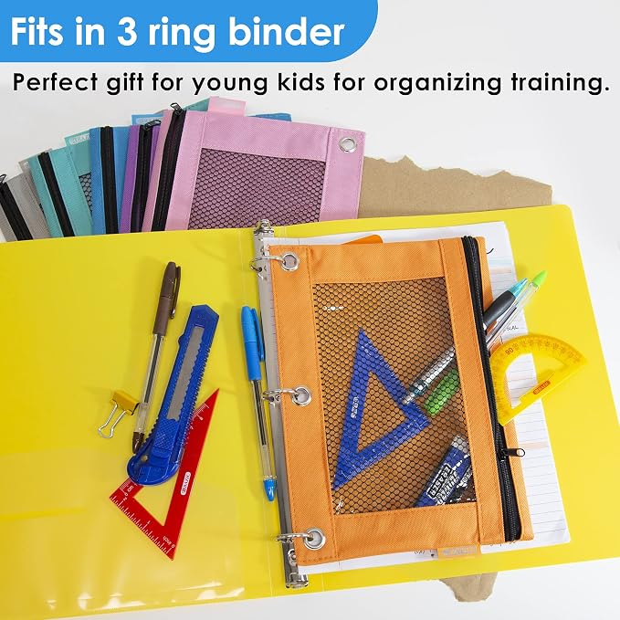 BAZIC Products Retro Color 3-Ring Pencil Pouch with Mesh Window, 600D Polyester Build, for School Binders Supplies