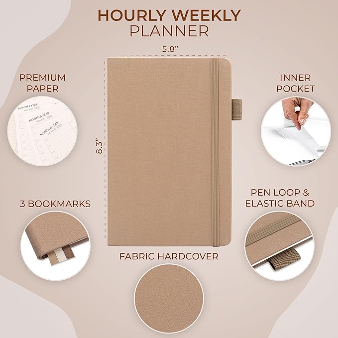 Skyline Hourly Weekly Planner – Undated Agenda & Daily Appointment Book – Time Blocking Notebook for Business Entrepreneurs, A5 (Sandstone)
