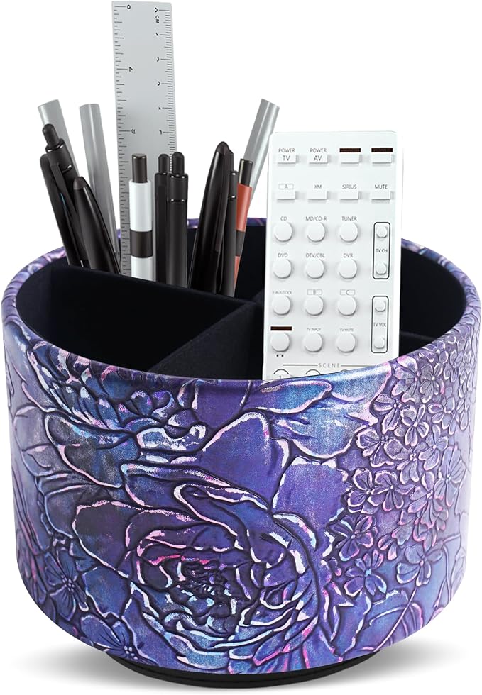 Round Leather Art Supply Organizer,Remote Control Holder,360 Degree Spinning,Multi-Functional Pencil Holder,4 Compartments Desktop Stationary Organizer(1-Rich Flower Purple)