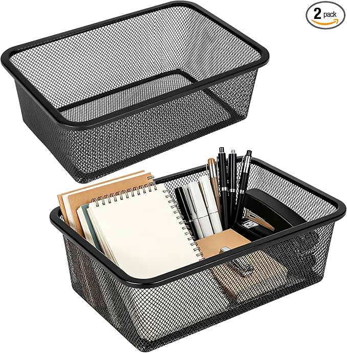 2 Pack Metal Mesh Steel Basket,12"Lx7.8"Wx4"H Desk Drawer Organizer Tray,Wire Mesh File Basket Desktop Paper/Letter Tray for Office Home Makeup Vanity CD Organizing