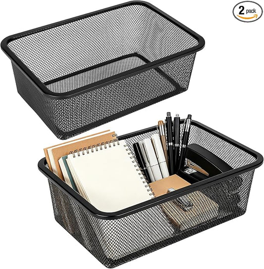2 Pack Metal Mesh Steel Basket,12"Lx7.8"Wx4"H Desk Drawer Organizer Tray,Wire Mesh File Basket Desktop Paper/Letter Tray for Office Home Makeup Vanity CD Organizing