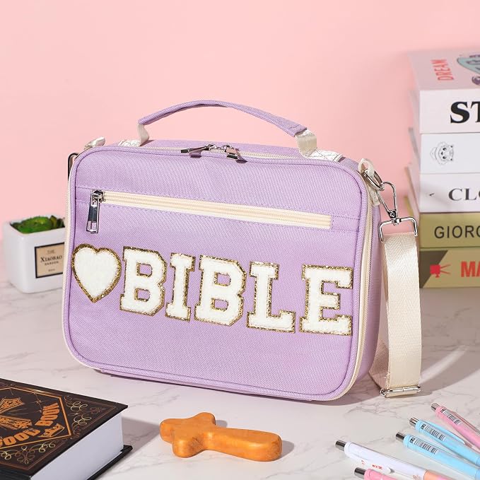 Silkfly Purple Bible Cover Case Preppy Large Chenille Letter Church Bag with Shoulder Strap Handle Back to School Gifts Waterproof Christian Tote Bag for Women Teacher Bible Accessories