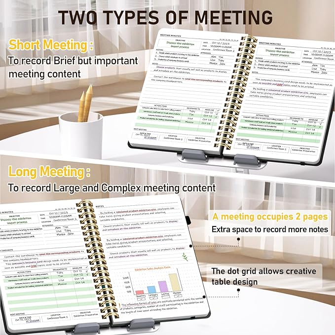 WEMATE Meeting Notebook for Work B5 (7"x10") - PU Leather Work Notebook with Agenda, Action Items & Notes - 200 Pages for Men&Women, Staff and Students, Meeting, Projects Planning - Black