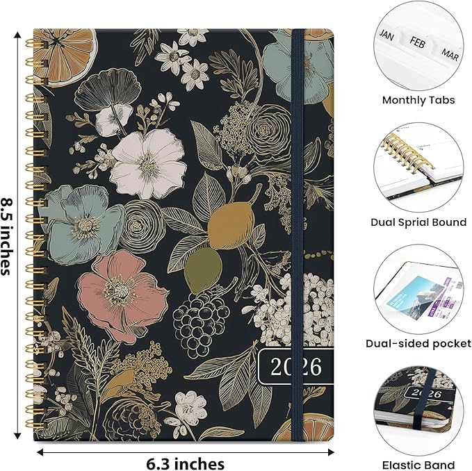 2026 Planner, Weekly and Monthly Planner for Women, January 2026 - December 2026, Hardcover 2026 Calendar Planner Book with Tabs, Inner Pocket, Spiral Bound, Perfect for Office Home School Supplies - A5 (6.3" x 8.5"), Citrus Bloom