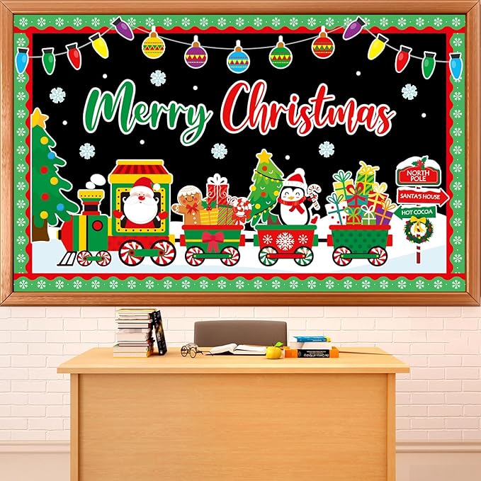 Santa Train Bulletin Board Set Christmas Bulletin Board Decorations Set Merry Christmas Decoration Kit Xmas Santa Train Cutouts for Classroom Wall Fireplace Holiday Party Garden Indoor Outdoor Decor