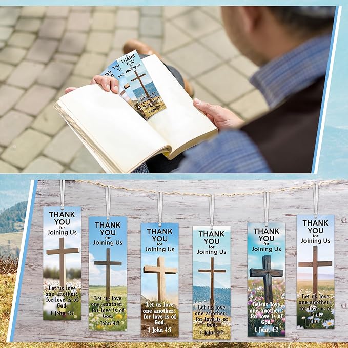 Skyygemm 60 Pcs Church Visitor Bookmarks Thank You for Joining Us Bookmarks 1 John 4: 7 Christian Birthday Welcome Gift Religious Cross Bookmark for Prizes Party Favors