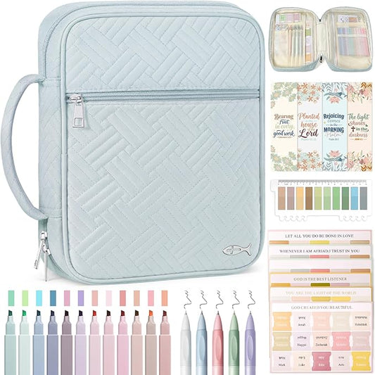 XKDOUS Bible Cover Case for Women, Large Bible Cover with Durable Handle, Washable Quilted Bible Case, Bible Study Supplies & Christian Gifts for Mom, Women, Men (Light Blue)