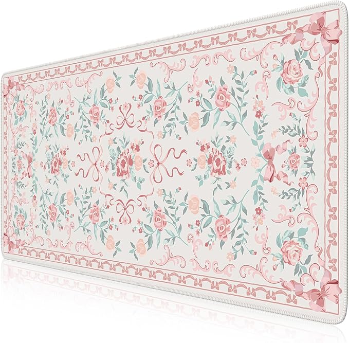 HAOCOO Pink Desktop Mat with Bow, Cute Large Mouse Pad for Office, Non-Slip Waterproof Desk Pad for Keyboard and Mouse, Floral Aesthetic Desktop Mat, Girly Home & Cubicle Supplies