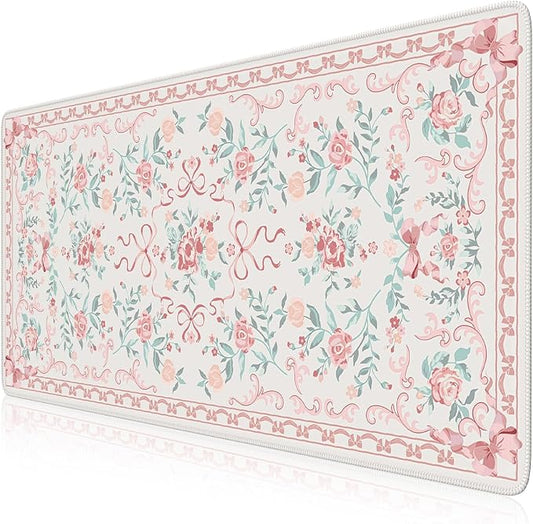 HAOCOO Pink Desktop Mat with Bow, Cute Large Mouse Pad for Office, Non-Slip Waterproof Desk Pad for Keyboard and Mouse, Floral Aesthetic Desktop Mat, Girly Home & Cubicle Supplies