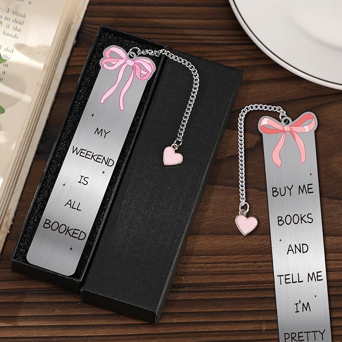 Pink Bow Bookmarks for Women - 2 PCs Cute Girly Metal Book Marks Girls Gifts Charm Unique Aesthetic Page Makers Reading Kids Book Lovers Bookish Birthday Student Teacher School Accessories
