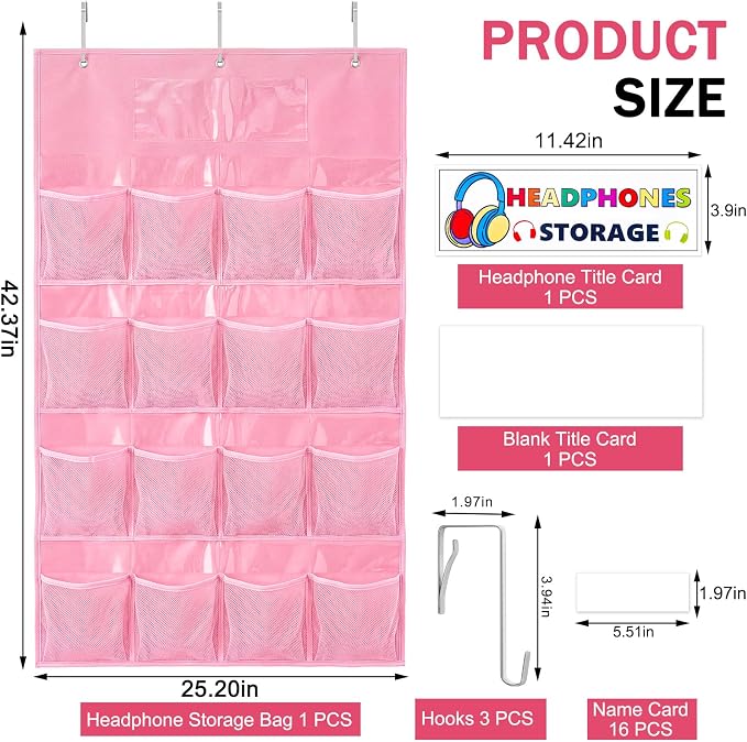 AmazingSpark 16 Pockets Classroom Headphone Storage Thickened Non-woven Fabric Mesh Pocket Chart Over The Door Hanging Cell Phone Organizer with Signed Card for Back to School Classroom Library, Pink