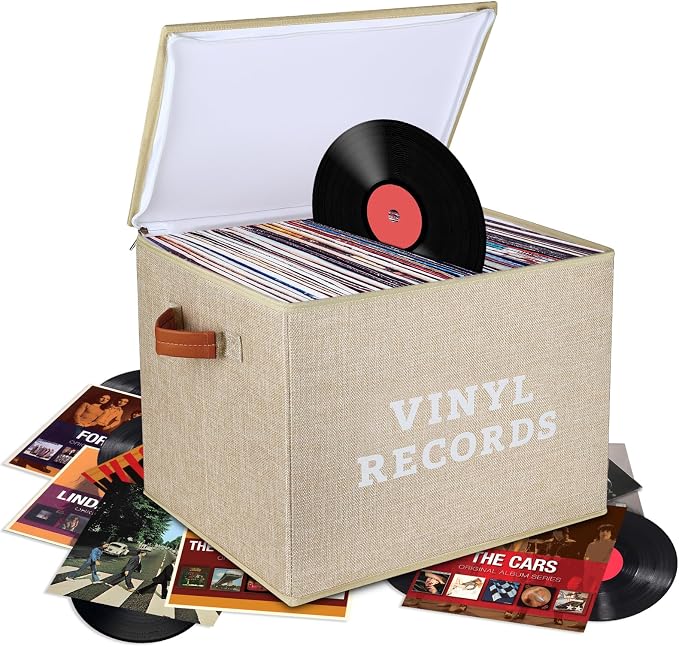 Lukeline Vinyl Record Storage Box, Decorative Moving Box for Records with Handles,LP Record Storage Holds up 100+ Records for Living Room, Study, Concert Hall or Office