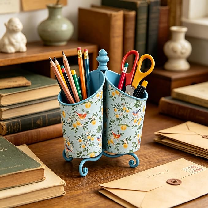 360° Rotating Metal Pen Holder for Desk, Cute Floral Bird Desktop Organizer with Dome Roof, Pencil Cup & Remote Control Holder for Home Office (Blue)