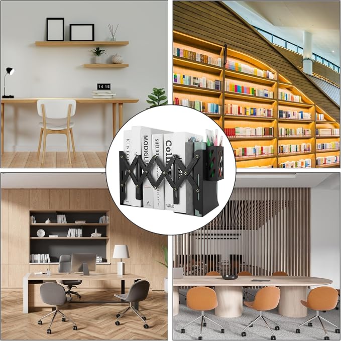 SHUESS 2 Pack Adjustable Bookends Expandable Metal Bookends for Heavy Books, 2 Dividers, Heavy Duty Book Ends to Hold Books with Pen Holder for Office, School, Bookstore, Home