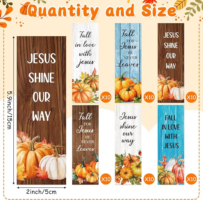 TICIAGA Fall Pumpkin Bible Bookmarks - 60Pcs Fall for Jesus He Never Leaves Religious Bible Verse Bookmarks, Autumn Pumpkins Page Marker for Book Lovers, Christian Church Giveaways for Sunday School
