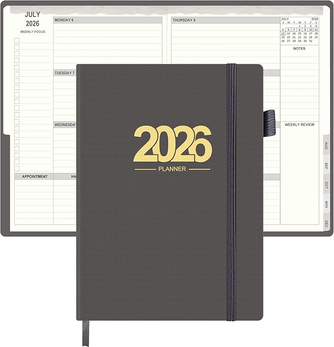 TIIKKASI 2026 Calendar Year Planner Weekly Monthly (Jan - Dec) 6'' x 8.5'' - Lined Journal Notebook Minimalist Agenda Notes, Linen Cloth Book Bound Hard Cover, For School Business Office, Gray