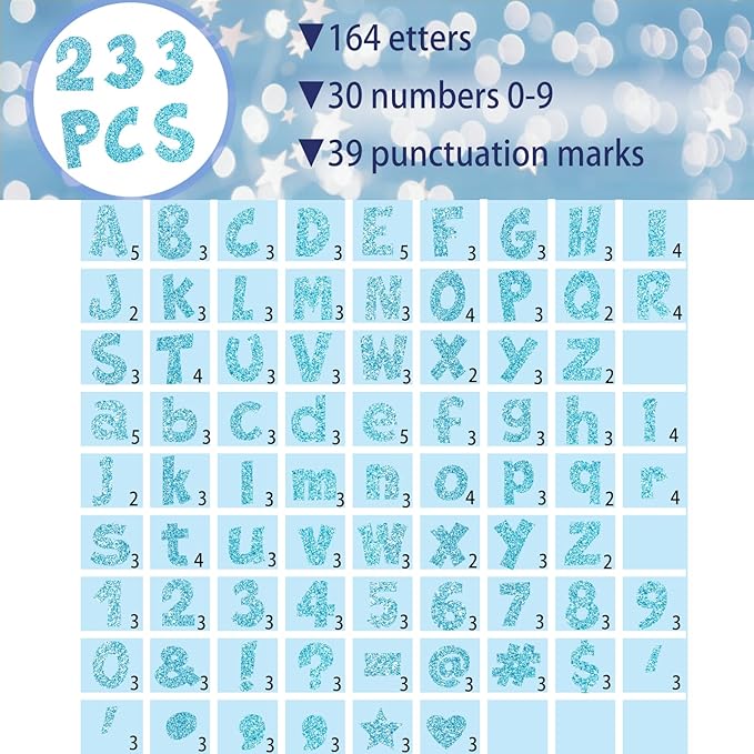 Glitter Bulletin Board Letters for Classroom Numbers Alphabet Poster Board Letters with Adhesive Dots Punctuation Symbols Cutout Bulletin Display School (Light Blue