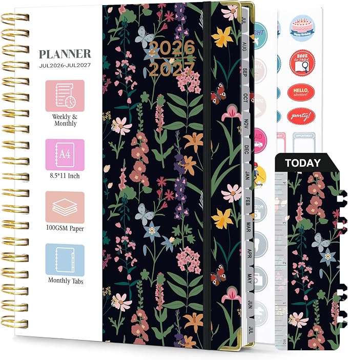 Planner 2026-2027, Weekly and Monthly Academic Planner, Jul 2026 - Jul 2027, 8.5"x11" Large Hardcover Daily Planner Calendar with Tabs for Women, Year Planning Agenda for Teacher and Student (Flowers-2)