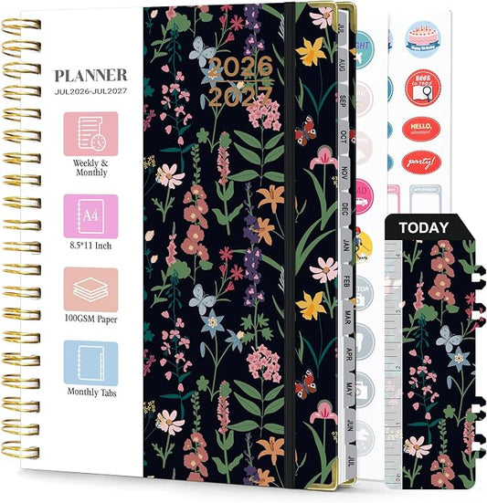 Planner 2026-2027, Weekly and Monthly Academic Planner, Jul 2026 - Jul 2027, 8.5"x11" Large Hardcover Daily Planner Calendar with Tabs for Women, Year Planning Agenda for Teacher and Student (Flowers-2)